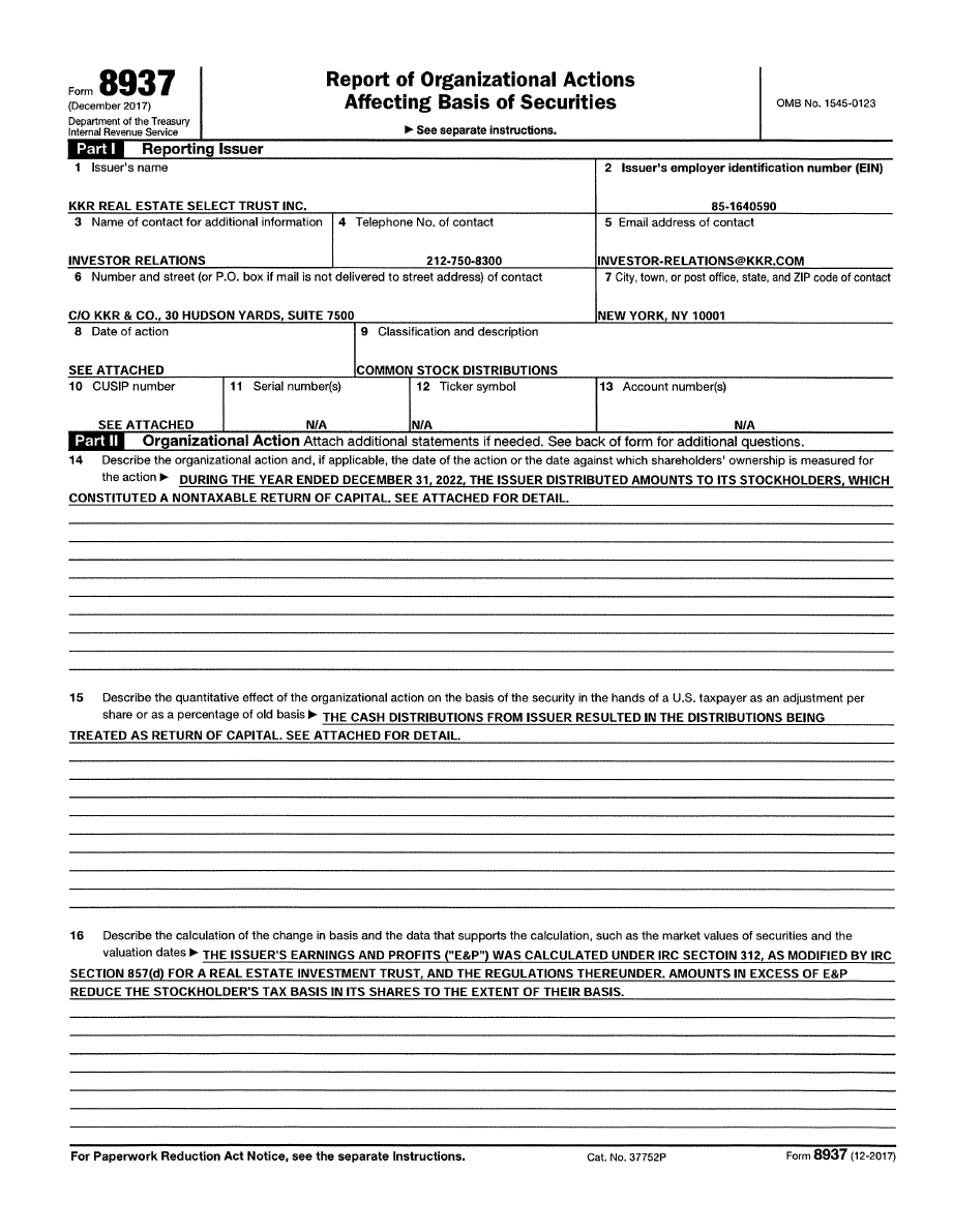 Tax Year Ending December 31, 2022 Form 8937 – Report of Organizational Actions Affecting Basis of Securities